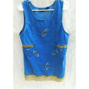 AGAZO Collection Blue Jean Denim Sleeveless Dress Size L Embroidered Flowers Vtg